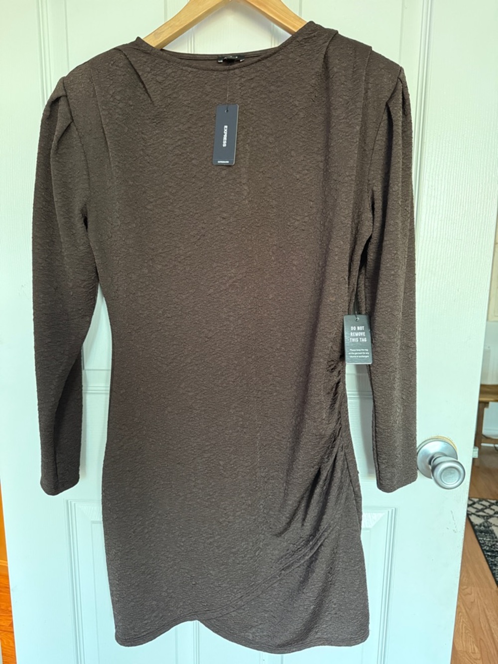 Express Brown Long Sleeve Textured Ruched Side Dress